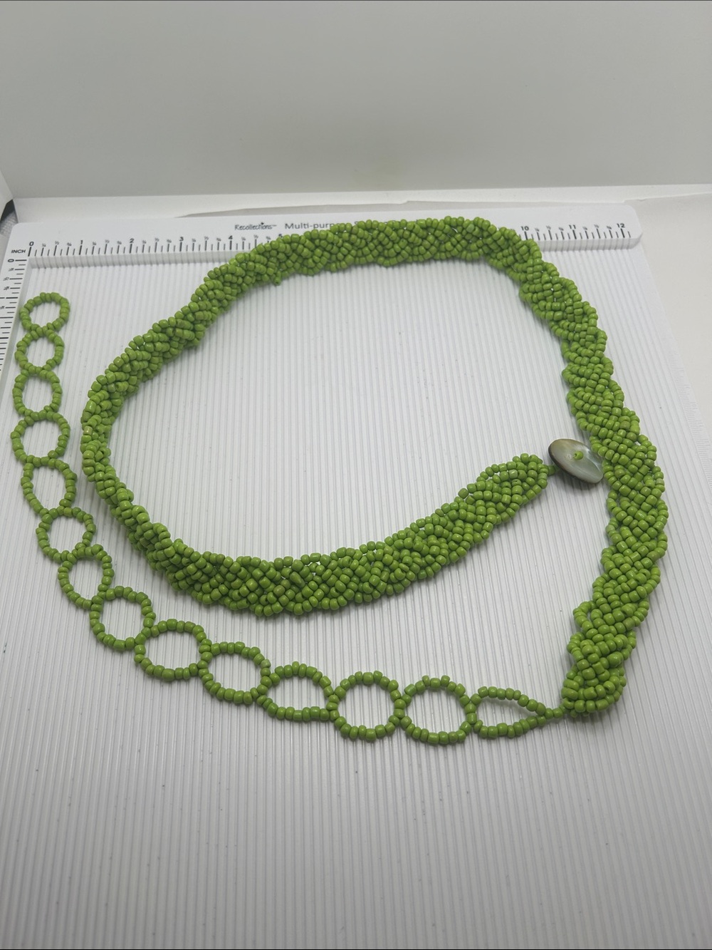 Vintage Handwoven Lime Green Beaded Waist Belt with Shell Button